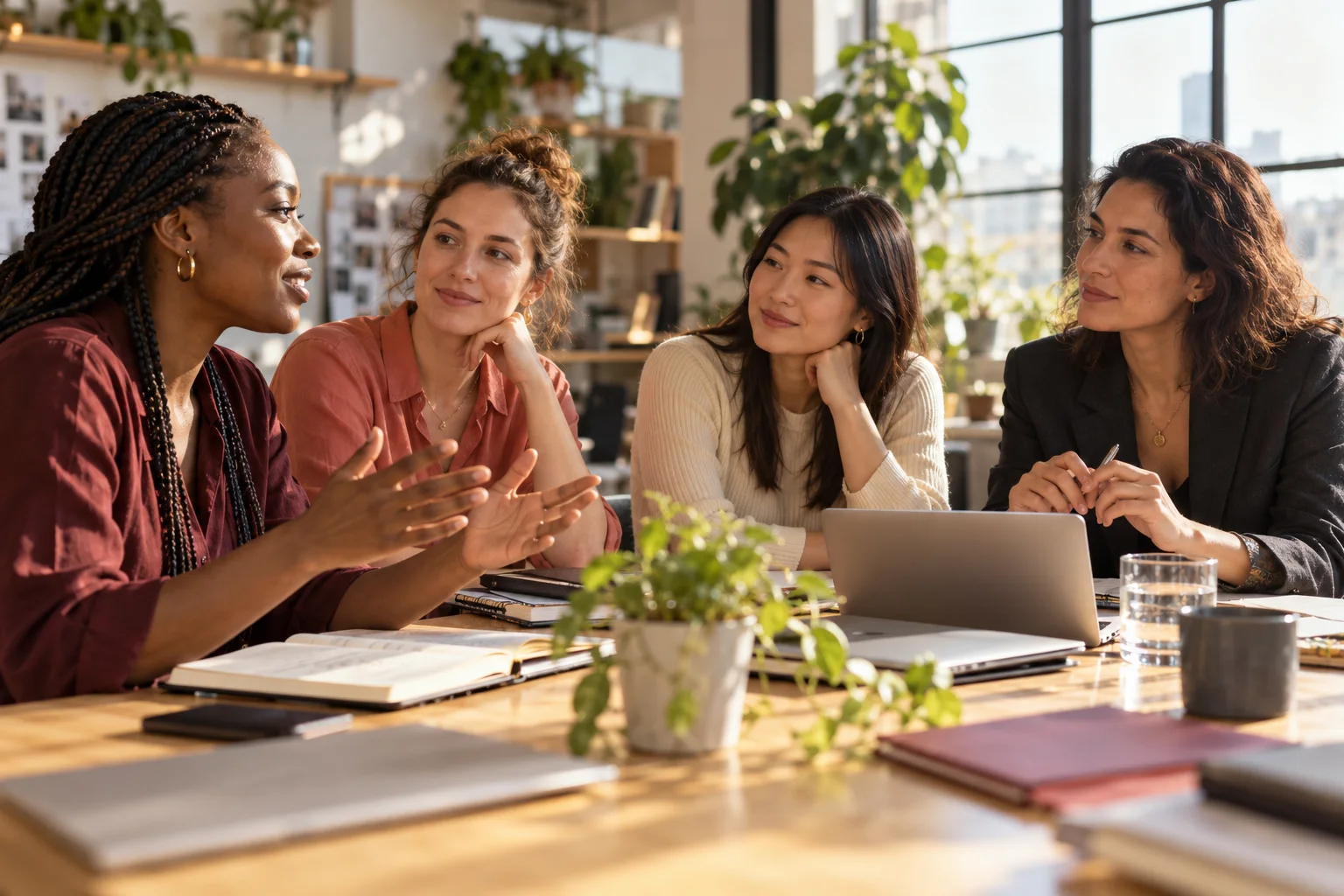 Four women sharing ideas around a table in a bright workspace
