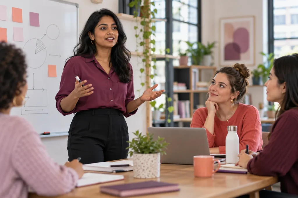 A woman presenting an idea to colleagues in a meeting