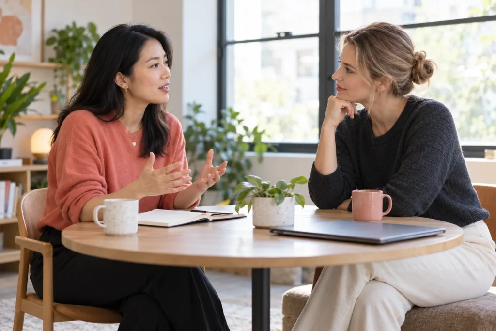 Professional women listening and exchanging ideas at work