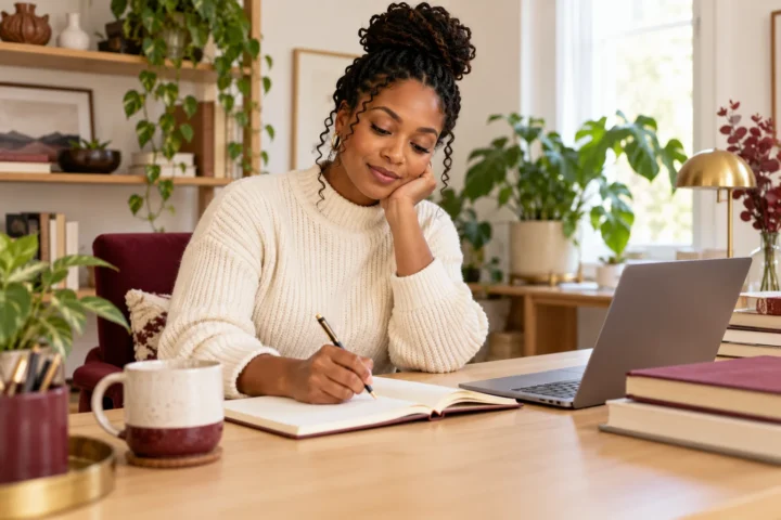 A professional woman planning learning goals at her desk
